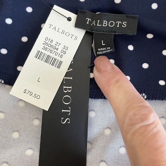 Talbots Slinky Knit A-line Skirt Size L Navy Blue Polka Dot Print 24” NEW - Picture 5 of 6